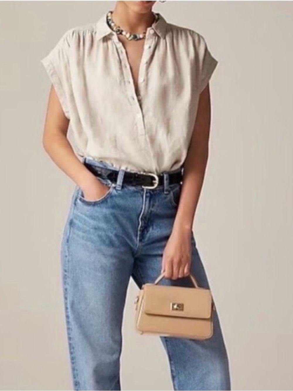 J. Crew Soft Cream Cap-Sleeve Button-Front Blouse